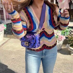 Sea New York Olina Ombre Rainbow Knit Sweater Top Crochet Wool Balloon Sleeve